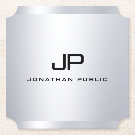 Trendy Metallic look Faux Silver Monogram Sjabloon Kartonnen Onderzetters (Voorkant)