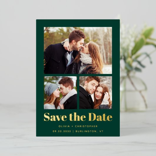 Trendy Minimaal 3-Foto Groen Goud Bewaar de Datum Folie Uitnodiging (Staand Voorkant)