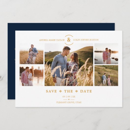 Trendy Minimal Navy/White 5 Multi Photos Collage Save The Date (Voorkant / Achterkant)