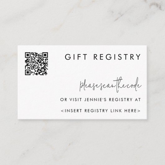 Trendy Minimalist Black & White Registry QR Code Informatiekaartje (Voorkant)