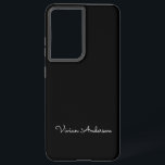 Trendy Minimalist Modern Black Script Custom Name Samsung Galaxy Hoesje<br><div class="desc">Een eenvoudig, stijlvol aangepaste naamtypografie in een casual scriptlettertype in opvallende zwart-witzwart-wit. Het perfecte punt voor de minimalist. Een op trends afgestemd cadeau of accessoire voor elke gelegenheid. Debra Valencia, een visionair oppervlaktepatroontekenaar, productontwerper en ondernemer met een passie voor wereldreizen, ambachtelijke tradities, pop kunst en mode trends, heeft een Californische...</div>