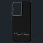 Trendy Minimalist Modern Black Script Custom Name Samsung Galaxy Hoesje<br><div class="desc">Een eenvoudig, stijlvol aangepaste naamtypografie in een casual scriptlettertype in opvallende zwart-witzwart-wit. Het perfecte punt voor de minimalist. Een op trends afgestemd cadeau of accessoire voor elke gelegenheid. Debra Valencia, een visionair oppervlaktepatroontekenaar, productontwerper en ondernemer met een passie voor wereldreizen, ambachtelijke tradities, pop kunst en mode trends, heeft een Californische...</div>