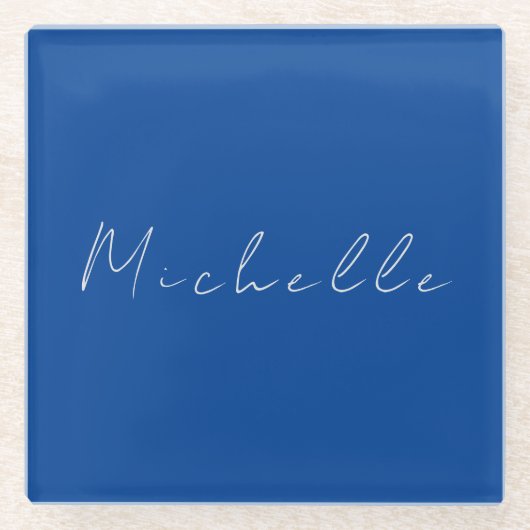 Trendy minimalistisch modern handgeschreven blauw glazen onderzetter (Voorkant)