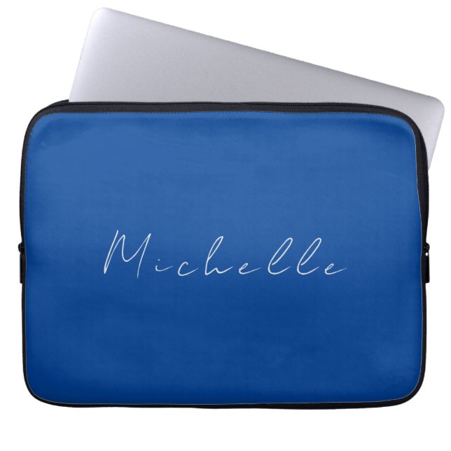 Trendy minimalistisch modern handgeschreven blauw laptop sleeve (Voorkant)