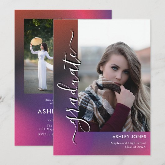Trendy Minimalistisch Script Multi-Foto Afstudeerd Aankondiging (Voorkant / Achterkant)