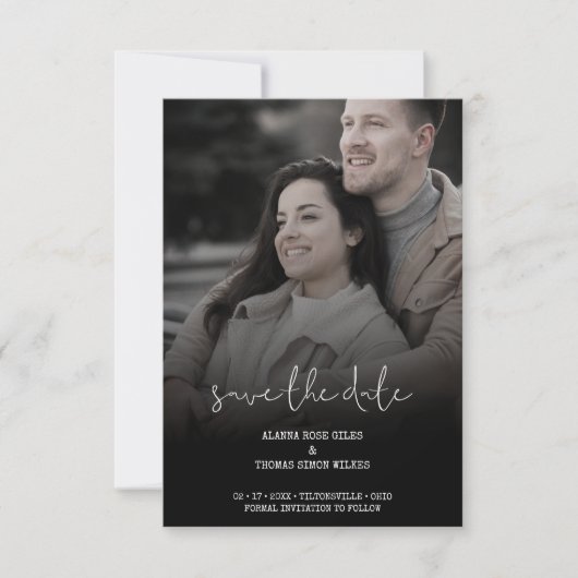 Trendy minimalistische kalligrafie foto bruiloft p save the date (Voorkant)