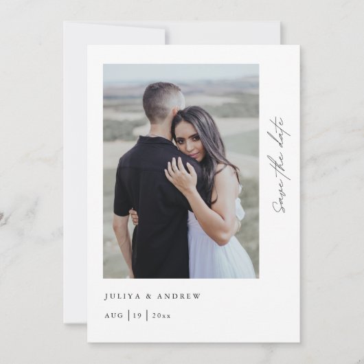 trendy minimalistische script foto QR-code Save The Date (Voorkant)