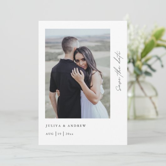 trendy minimalistische script foto QR-code Save The Date (Staand voorkant)