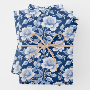 Trendy minimalistische vintage blauwe witte bloem inpakpapier vel