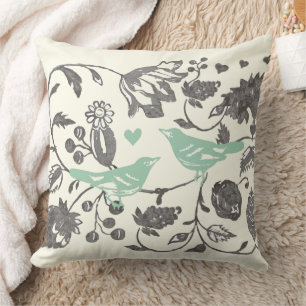 Trendy Mint en Gray Floral Bird Kussen