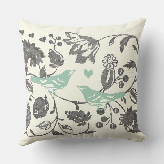 Trendy Mint en Gray  Floral Bird Kussen (Achterkant)