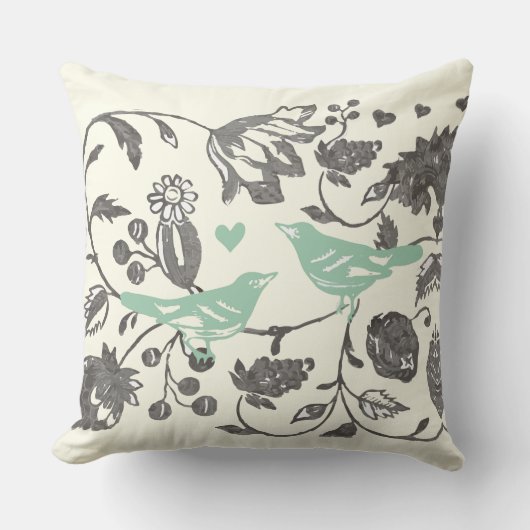 Trendy Mint en Gray  Floral Bird Kussen (Voorkant)