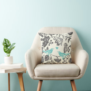 Trendy Mint Gray  Modern Floral Bird Kussen