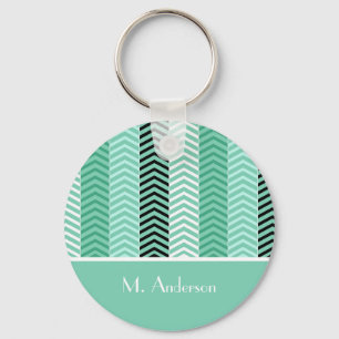 Trendy mint Green Chevron Stripes met naam Sleutelhanger