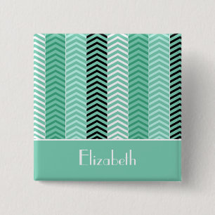 Trendy mint Green Chevron Stripes met naam Vierkante Button 5,1 Cm