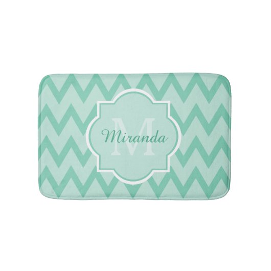 Trendy Mint Green Chevron Zigzag Name en Monogram Badmat (Voorkant)