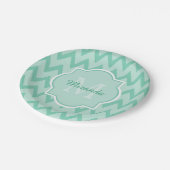 Trendy Mint Green Chevron Zigzag Name en Monogram Papieren Bordje (Gekanteld)