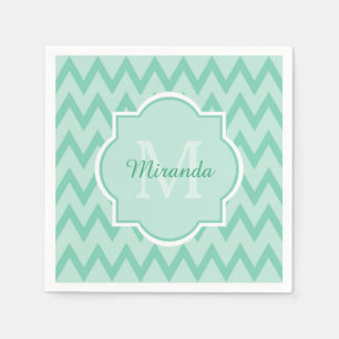 Trendy Mint Green Chevron Zigzag Name en Monogram Servetten