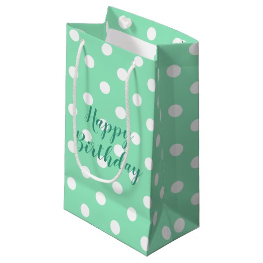 Trendy Mint Green Polka Dots Rustic Happy Birthday Klein Cadeauzakje (Voorkant Gekanteld)