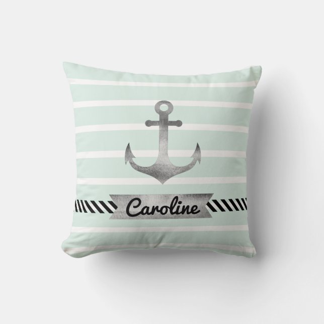 Trendy Mint Green Stripes en Waterverf Anchor Kussen (Voorkant)