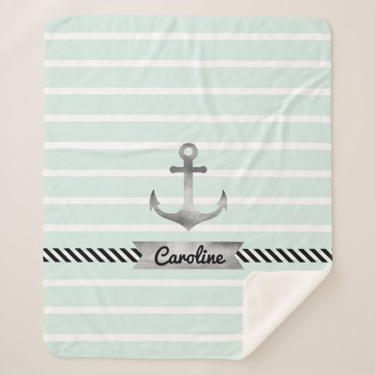 Trendy Mint Green Stripes en Waterverf Anchor Sherpa Deken (Voorkant)