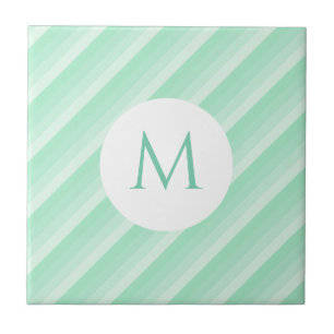 Trendy Mint Green Stripes Monogram Moderne Sjabloo Tegeltje