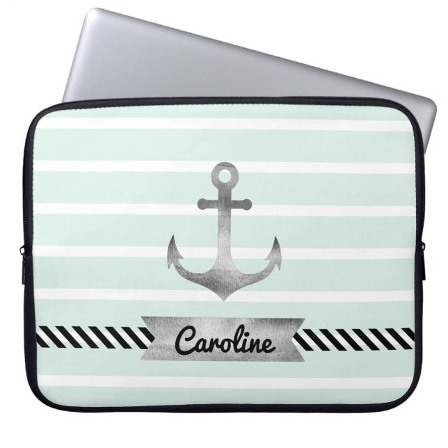 Trendy Mint Green Stripes Nautical Anchor Custom Laptop Sleeve (Voorkant)