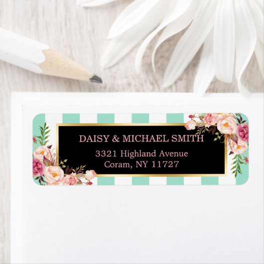 Trendy Mint Green Stripes Pink Flowers Wrapping Etiket (Insitu)