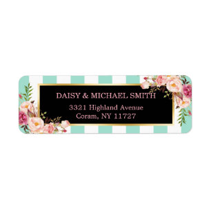 Trendy Mint Green Stripes Pink Flowers Wrapping Etiket
