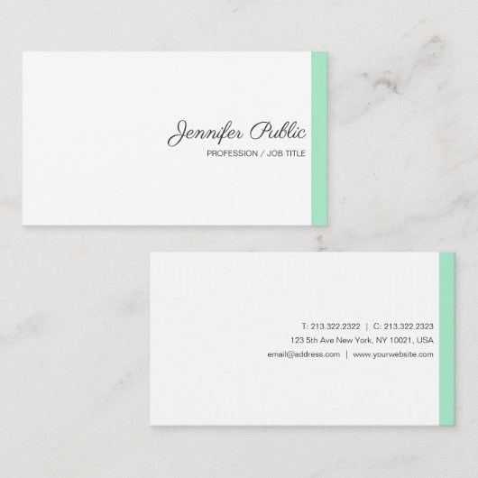 Trendy Mint Green White Modern Calligraphy Script Visitekaartje (Voorkant / Achterkant)