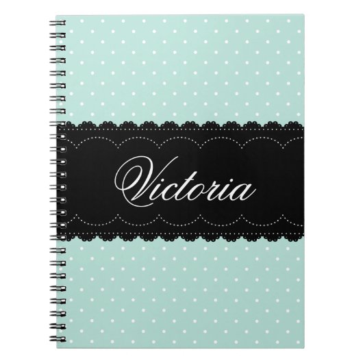 Trendy Mint Polka Dots Black Custom Name Design Notitieboek (Voorkant)