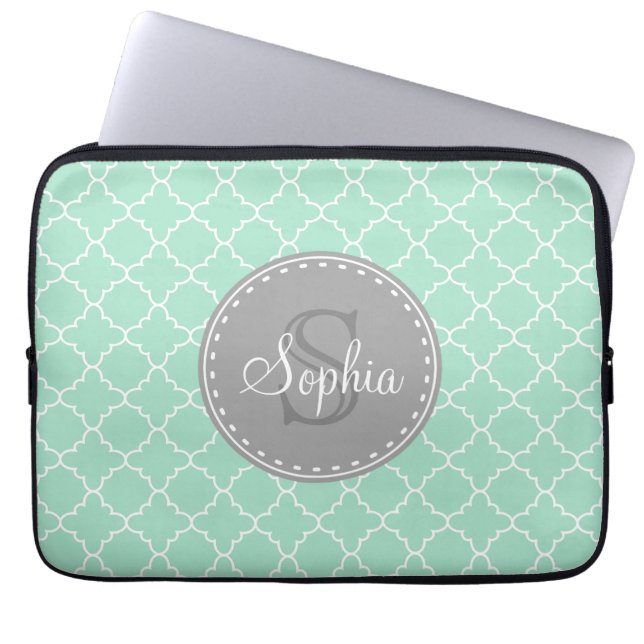 Trendy Mint Trellis Pattern Gray Monogram Laptop Sleeve (Voorkant)