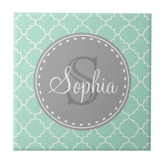 Trendy Mint Trellis Pattern Gray Monogram Tegeltje (Voorkant)