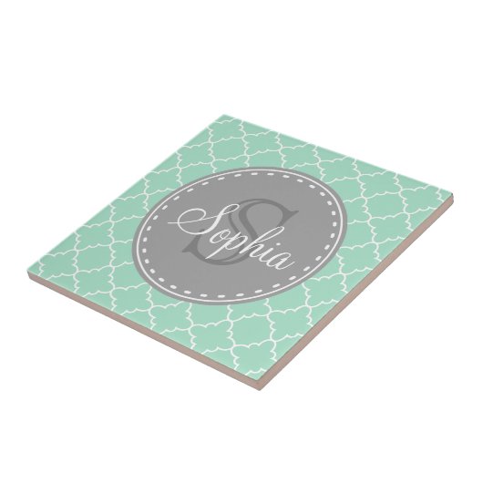 Trendy Mint Trellis Pattern Gray Monogram Tegeltje (Zijkant)