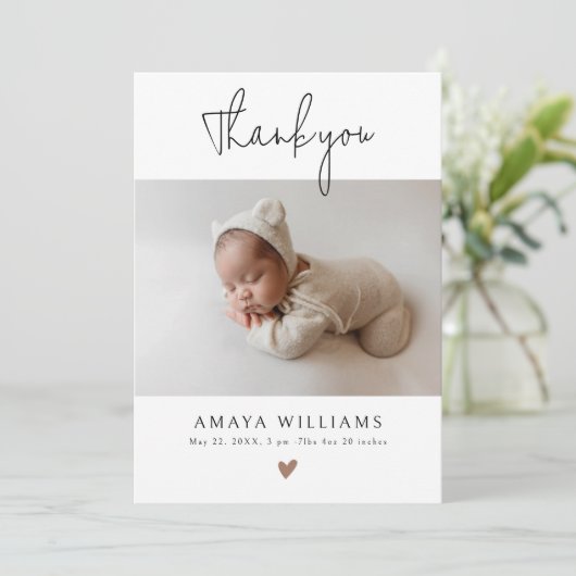 Trendy Mocha Hearts 2 Foto Modern Baby shower Bedankkaart (Staand voorkant)