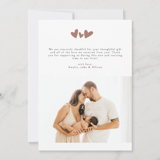 Trendy Mocha Hearts 2 Foto Modern Baby shower Bedankkaart (Achterkant)