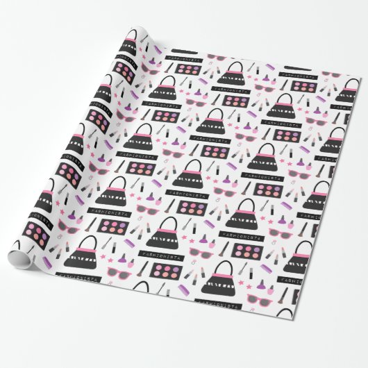 Trendy Mode Makeup Pattern Girls Wrapping Paper Cadeaupapier (Uitgerold)