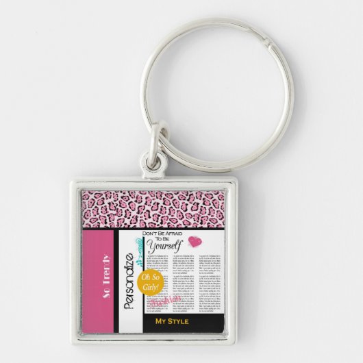 Trendy Mode Newsprint Roze luipaard en naam Sleutelhanger (Voorkant)