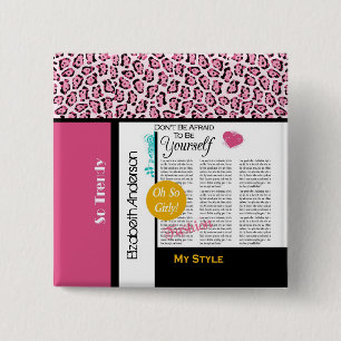 Trendy Mode Newsprint Roze luipaard en naam Vierkante Button 5,1 Cm