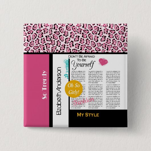 Trendy Mode Newsprint Roze luipaard en naam Vierkante Button 5,1 Cm (Voorkant)