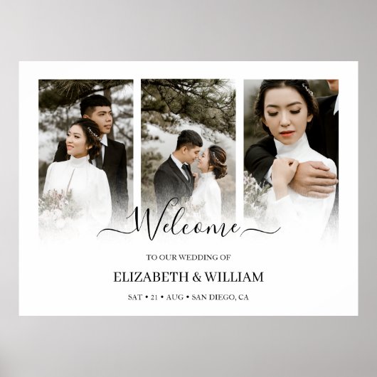 Trendy Modern 3 Fotocollage Bruiloft Welkomstbord Poster (Voorkant)