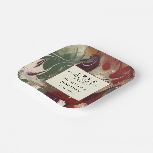 Trendy Modern Abstract Rood Groen Bruiloft Papieren Bordje (Gebogen)