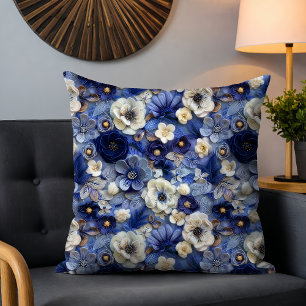 Trendy Modern Blauw Wit 3D Bloemenpatroon Kussen