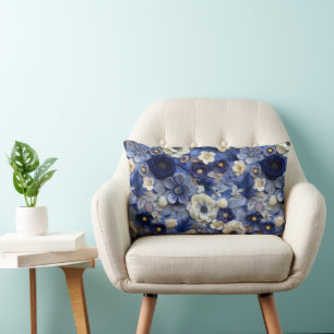 Trendy Modern Blauw Wit 3D Bloemenpatroon Kussen