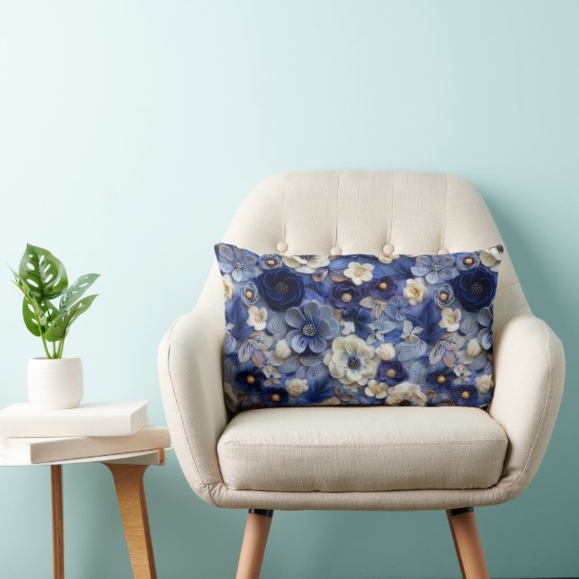 Trendy Modern Blauw Wit 3D Bloemenpatroon Kussen (Stoel)