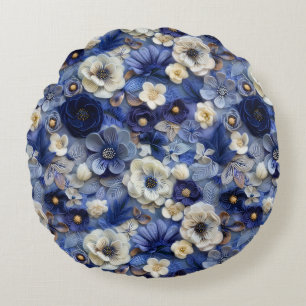 Trendy Modern Blauw Wit 3D Bloemenpatroon Rond Kussen