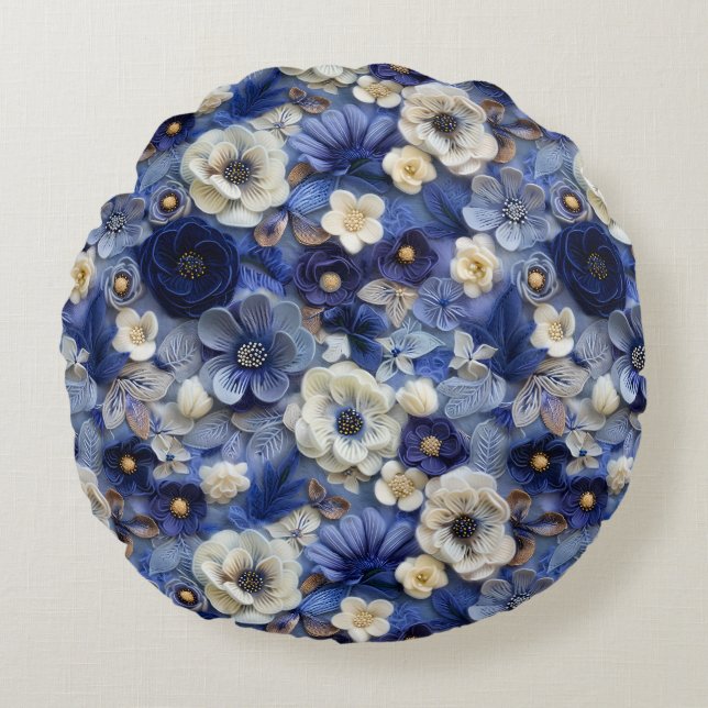 Trendy Modern Blauw Wit 3D Bloemenpatroon Rond Kussen (Voorkant)