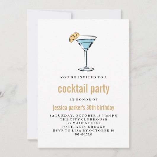 Trendy Modern Blue and Gold Cocktail Party Kaart (Voorkant)