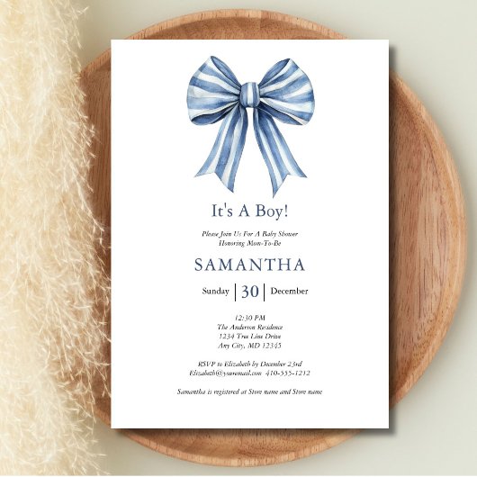 Trendy Modern Blue Bow Boy Baby shower Kaart