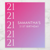 Trendy Modern Bold Pink Gradient 21st Birthday Wijn Etiket (Enkel label)